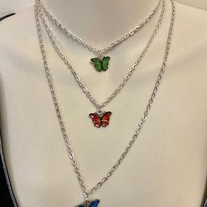 Colorful, Enamel Butterflies - 3 strands  Pendant Necklace ( Green, Red, Blue)